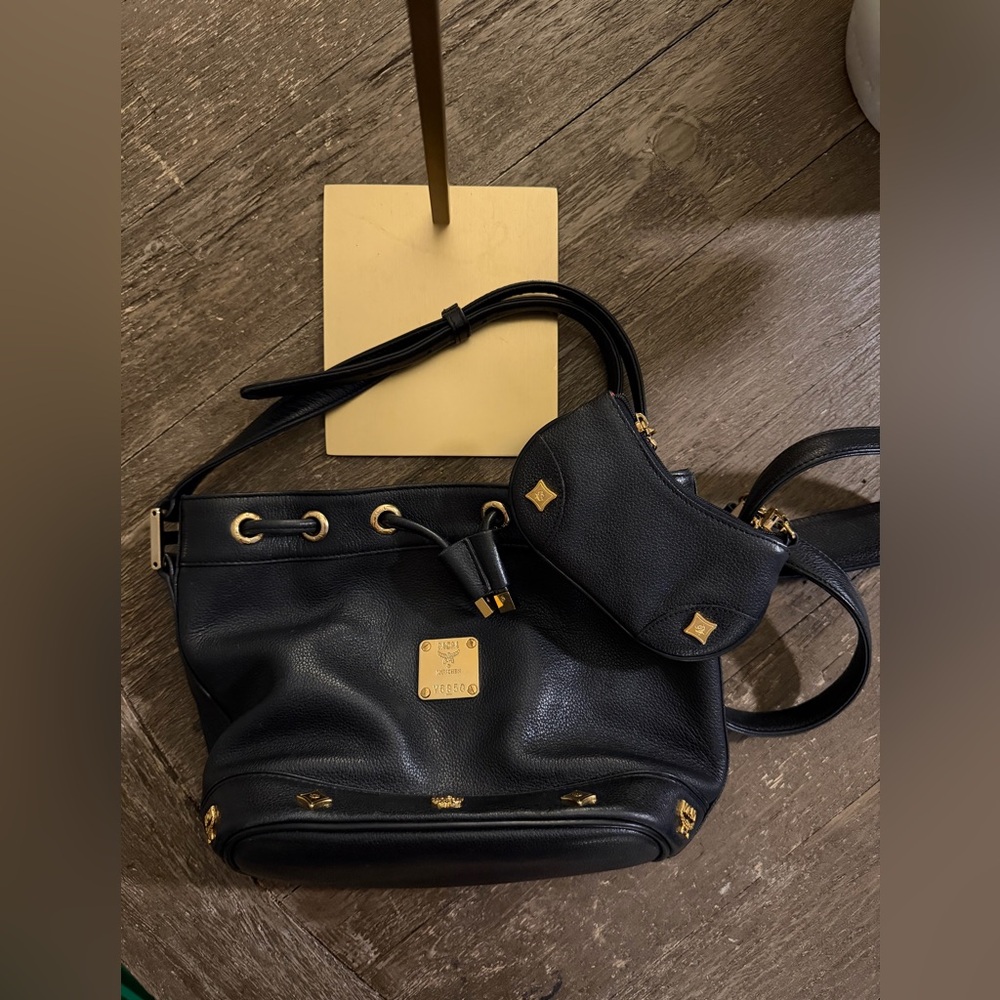 MCM Black Leather Drawstring Bucket Bag w/ Matching Mini Pouch